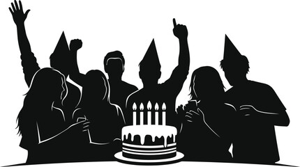 Silhouette of people celebrating a birthday party with cake and candles, representing joy, friendship, and festive gathering in a minimalist style
