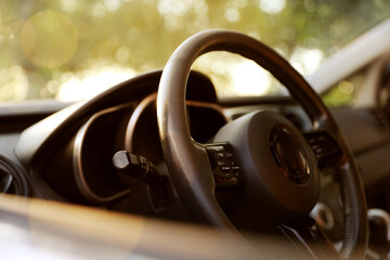 Steering wheel in modern car, view from outside