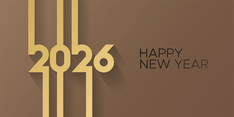 Minimalist Happy New Year 2026 design featuring elegant gold typography on a brown background with long vertical style. Perfect for festive posters, cards, and banners