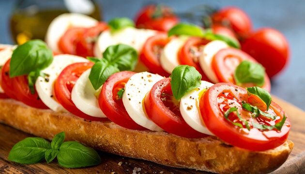 Caprese sandwich with fresh mozzarella, juicy tomato, basil leaf, olive oil on crusty ciabatta bread - Powered by Adobe
