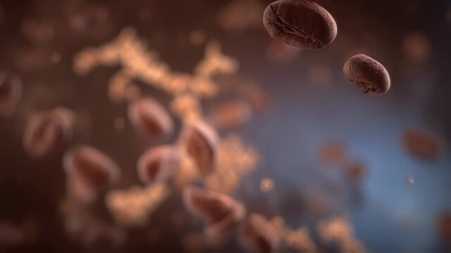 Crisp medium shot of fresh coffee beans with outoffocus polyphenol structures drifting away conveying visualized interaction with insulin receptors for diabetes support.