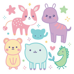 Obraz premium cute animal doodles in pastel colors-vector icon