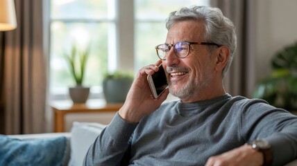 Smiling senior man talking on smartphone at home living room sitting on couch.
