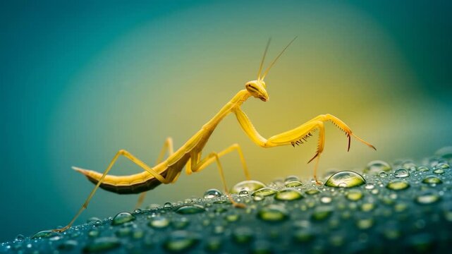 Praying mantis on dewy surface macro wildlife close up