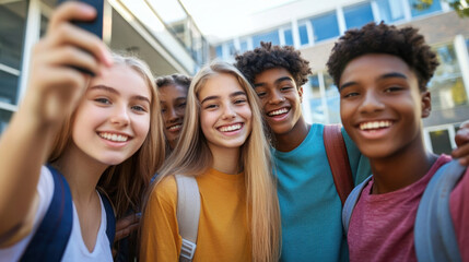 Group of smiling students taking a selfie outdoors with a building visible in the background during the day