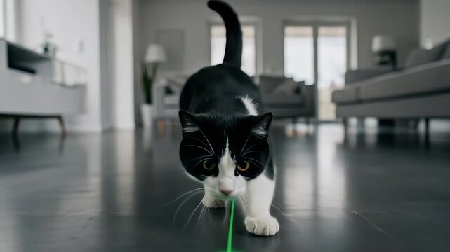 Black and white cat stalks a green laser pointer on a shiny gray floor inside