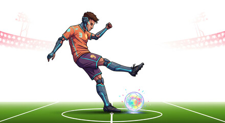 Futuristic Soccer Player Kicking a Glowing Globe Ball on a Vibrant Green Field with Stadium Lights in the Background, Representing Global Sports and Technology Fusion