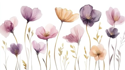 Watercolor painting of simple flowers with long stems, in neutral purple, pink and gold colors on a white background, png