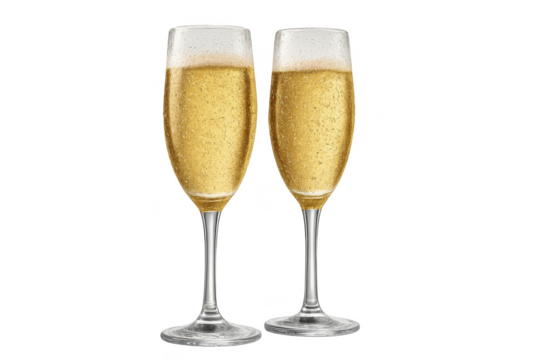 Two elegant flutes with golden champagne, isolated on a transparent background.
