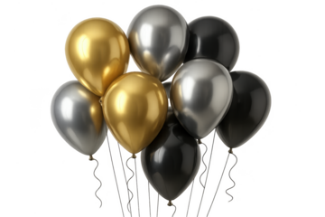 Shiny metallic gold, silver, and black balloons on transparent background