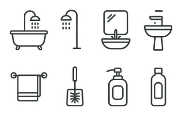Minimalist bathroom icons: bathtub, shower, sink, mirror, towel, soap dispenser