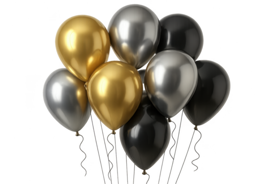 Shiny metallic gold, silver, and black balloons on transparent background