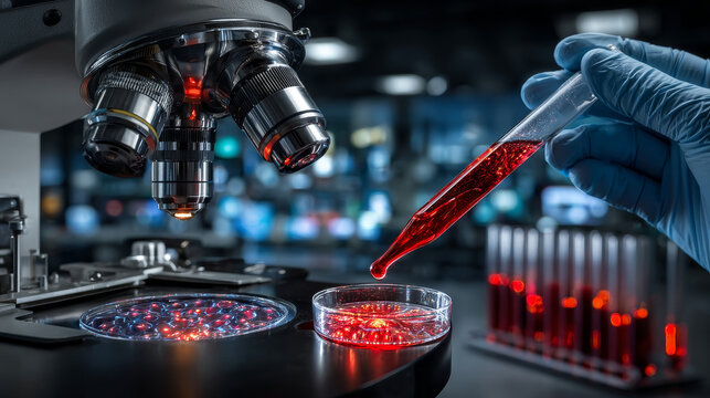 Doctor or lab technician dripping human red blood on slide glass for malaria test (thick film), blood group test, complete blood count (CBC) with microscope in hospital laboratory. close up