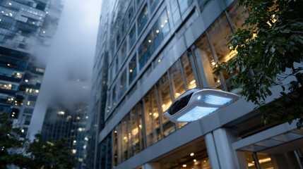 A sleek, futuristic flying device hovers near modern skyscrapers, blending cutting-edge technology with urban architecture in a stunning display of innovation.