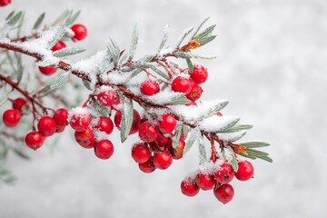 Beautiful red berries covered in snow on a winter day in a serene outdoor setting Generative AI