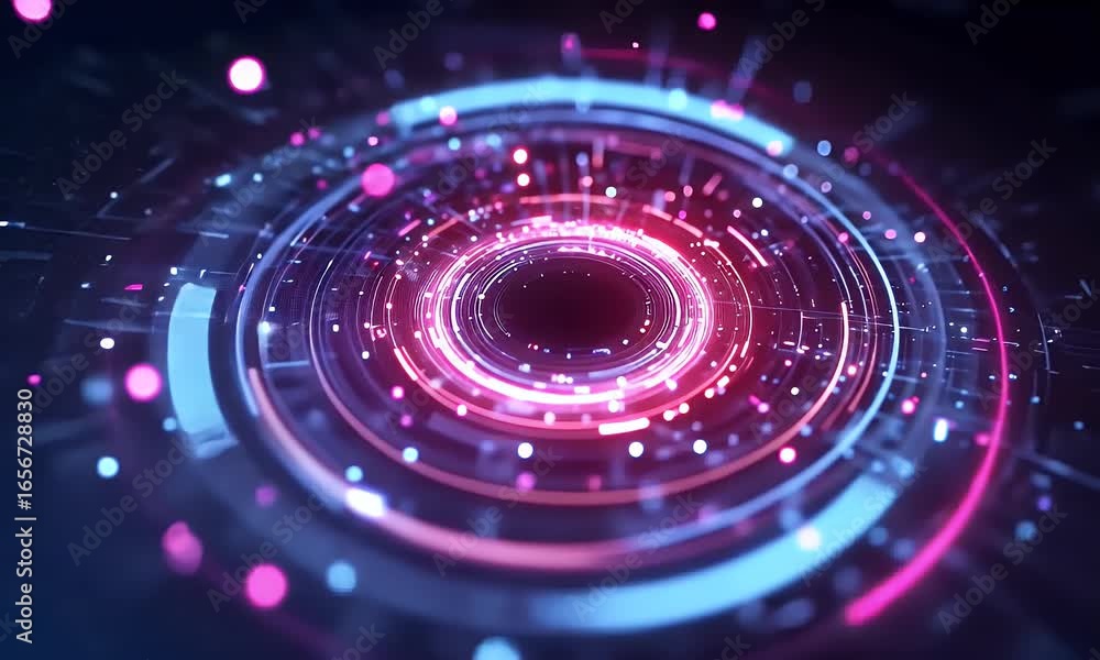 Poster abstract digital background with blue and purple circular patterns on black, representing data flow 