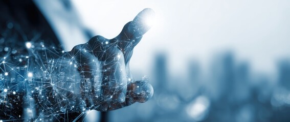 A hand reaching out, digital network overlay