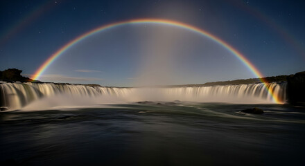 Majestic Waterfall with a Vibrant Rainbow Under a Starry Sky.