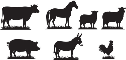 Fototapeta premium Assortment of farm animal silhouettes on grass livestock, farm, animal, livestock, silhouette, black and white, nature, grass, cow, horse, sheep, pig, donkey, rooster, mammal, domestic, agriculture, r