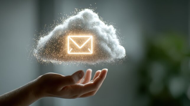 A hand holds a glowing cloud with an envelope icon, symbolizing digital communication and cloud technology.