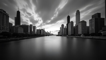 Black and white chicago skyline cityscape photograph of buildings and river at sunset or sunrise time