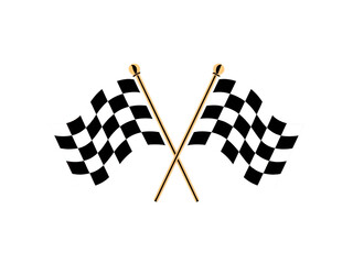 Fototapeta premium Two crossed checkered flags waving on a black background signifying a race win or the start of a race event