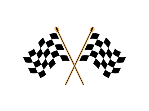 Two crossed checkered flags waving on a black background signifying a race win or the start of a race event