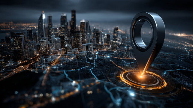 Searching location on map and pin above blue tone city scape and network connection, internet of things, satellite navigation system concept