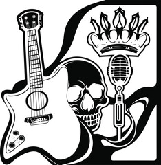 Retro inspired black and white doodle icon set, music theme. Large bold guitar, microphone, skull, crown. High contrast, smooth outlines, clean vector design, professional look