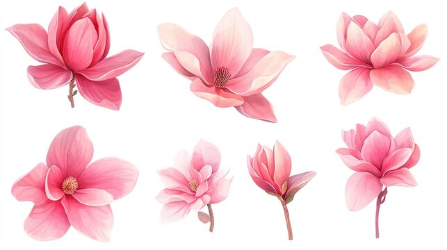 Set of pink magnolia flowers isolated on a white background, png