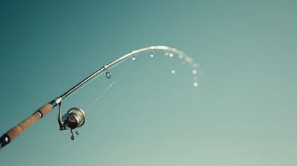 A fishing rod bends as it casts a line into the water, droplets sparkling in the sunlight, capturing a moment of serene outdoor adventure.
