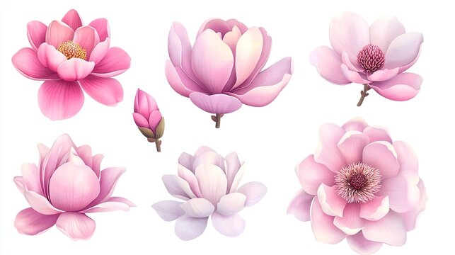 Set of pink magnolia flowers isolated on a white background, png