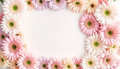 Soft pastel gerbera flowers arranged in a frame shape on a plain white surface, ideal for stationery or announcements