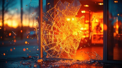 Shattered glass door at sunset