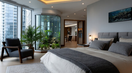 This sophisticated bedroom features an aquarium as a centerpiece, complemented by modern decor and large windows, creating a tranquil and luxurious retreat for relaxation.
