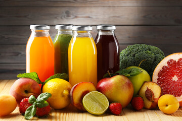 Tasty juices in glass bottles, fresh ingredients and herbs on wooden table, closeup