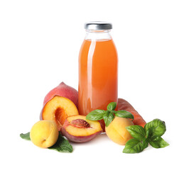 Tasty juice in glass bottle, fruits and herbs isolated on white