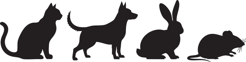 Silhouettes of cat dog rabbit and mouse on white background, cat, kitten, feline, dog, puppy, canine, rabbit, bunny, hare, mouse, rodent, pet, animal, wildlife, domestic, mammal, silhouette, black, wh