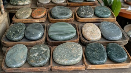 Polished stones in wooden trays