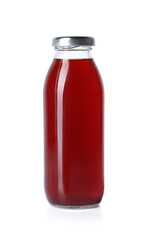 Tasty red juice in glass bottle isolated on white