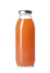 Tasty orange juice in glass bottle isolated on white