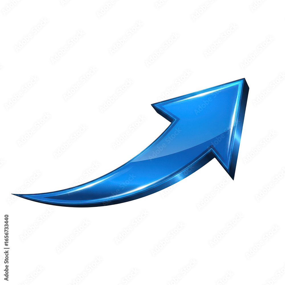 Poster shiny blue arrow pointing upwards and to the right with a curved trajectory transparent background