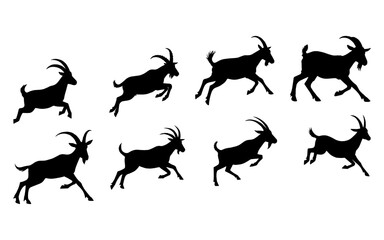 Set of Black Silhouette Goats in Running Action