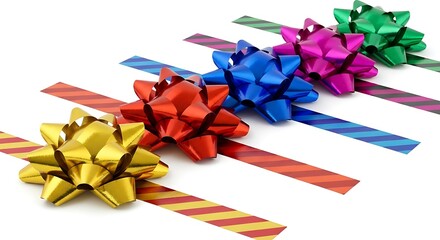 Four colorful gift bows with striped ribbons arranged diagonally isolated on white background