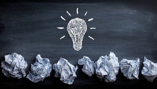 Crumpled paper and light bulb on a chalkboard