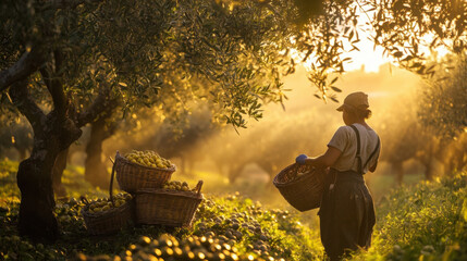 A worker harvesting olives in a grove with baskets filled with olives under the warm sunlight scenery