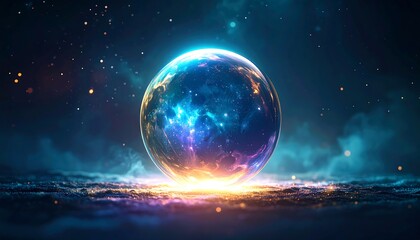 Fototapeta premium A luminous sphere, glowing with celestial energies, rests upon a textured, illuminated surface, bathed in vibrant blues and oranges, against a backdrop of shimmering stars.
