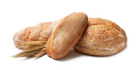 Different types of bread and wheat spikes isolated on white
