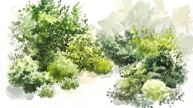 Watercolor painting of a green top-view garden with bushes, set against a white background. png