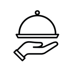 Food Service Line Icon. Hand holding a cloche tray symbol for restaurant, catering, and room service. Simple Outline Waiter Vector Illustration.